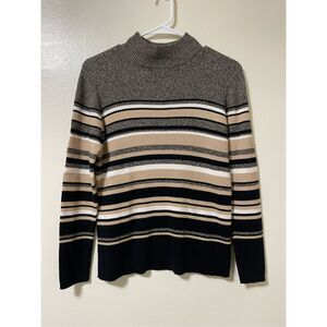 Karen Scott Small Women's High Neck Striped Neutral Basic Sweater Turtleneck